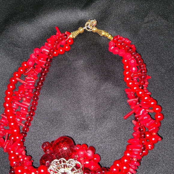 Artisan Red Coral & Glass Statement Necklace – 4-Strand Vintage Materials - Picture 6 of 6